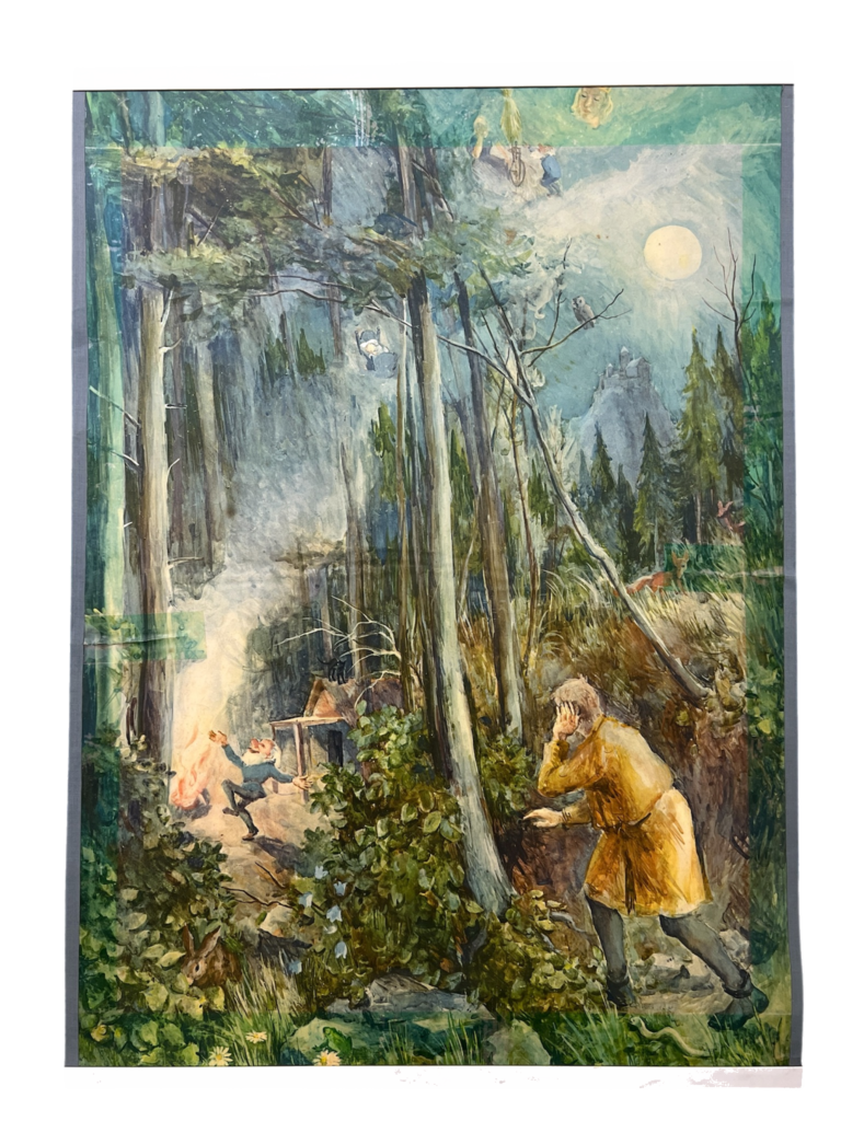 Nächtliche Märchenszene im Wald (vermutl. Hänsel und Gretel)