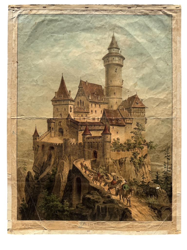 Lehrtafel Ritterburg im 13. Jahrhundert, Hochformat, Lehmann's kulturgeschichtliche Bilder, F.E. Wachsmuth Leipzig