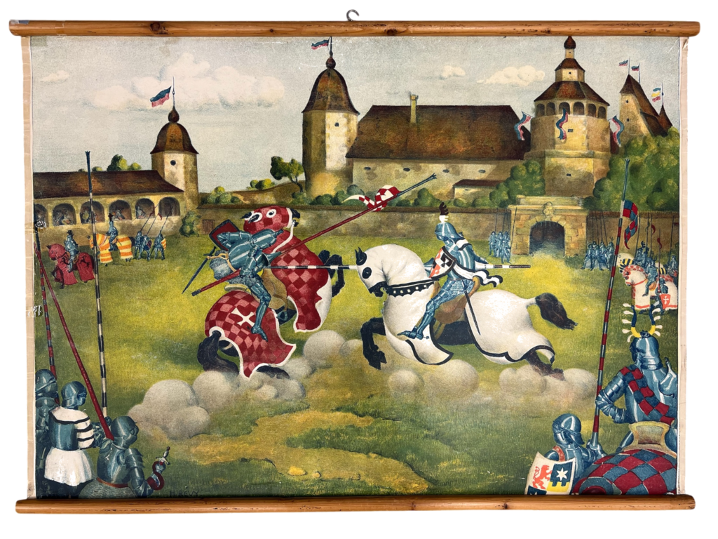 Lehrtafel Ritterturnier vor der Burg (Chromolithographie, Variante), ca. 1900–1930
