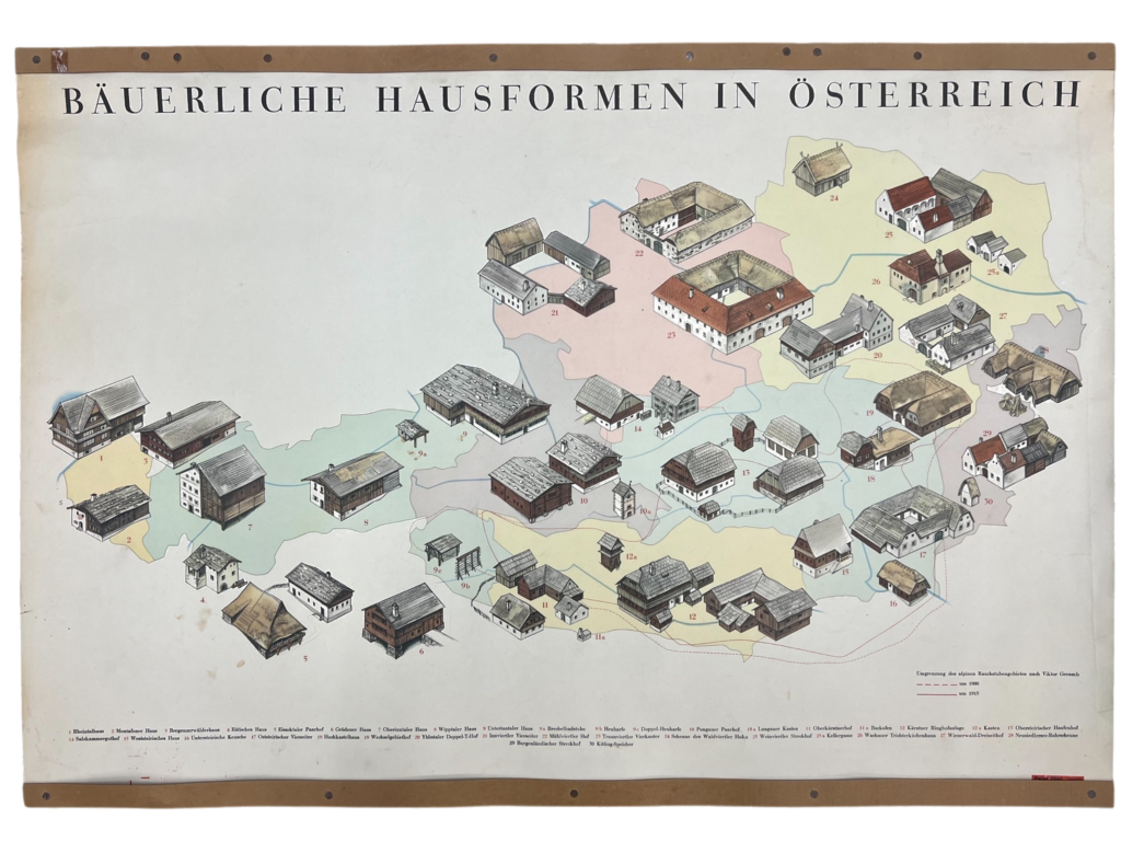 Lehrtafel Bäuerliche Hausformen in Österreich (Karte mit 30+ Haustypen), ca. 1950er–1970er