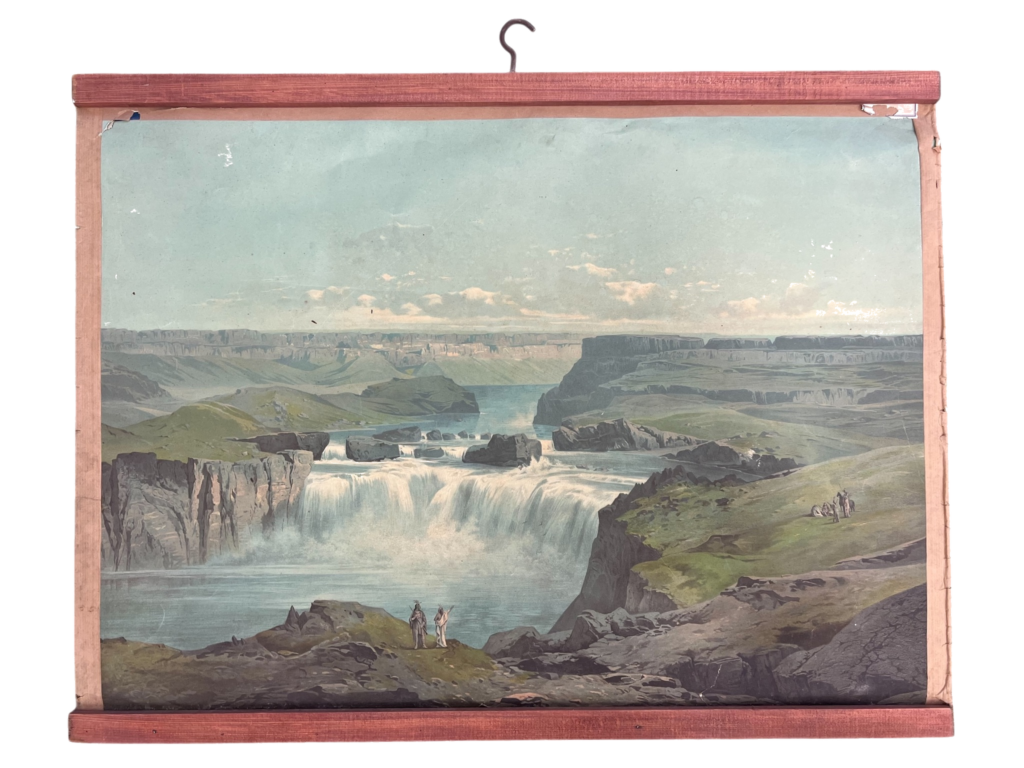Lehrtafel Niagarafälle (Wasserfälle im Canyon mit indigenen Figuren), ca. 1870er–1900