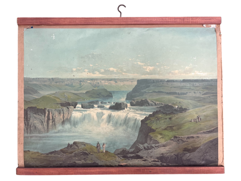 Lehrtafel Niagarafälle (Wasserfälle im Canyon mit indigenen Figuren), ca. 1870er–1900