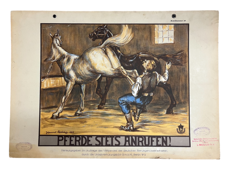 Lehrtafel Pferde stets anrufen! – Unfallverhütungstafel (Deutsche Berufsgenossenschaften), Unfallverhütungsbild G.m.b.H., Berlin W 9 (im Auftrag des Verbandes der deutschen Berufsgenossenschaften), ca. 1920er–1930er