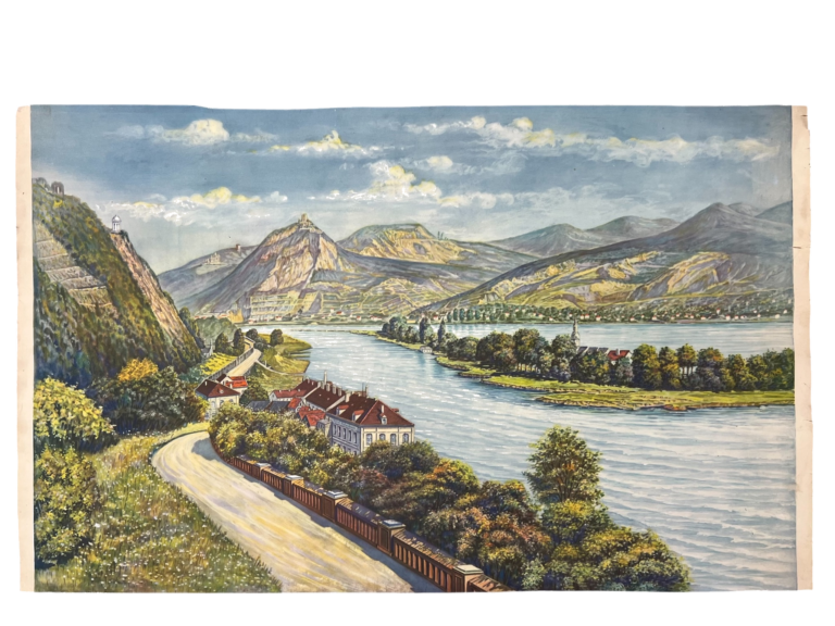 Lehrtafel Donautal-Landschaft mit Eisenbahnstrecke, ca. 1900–1940
