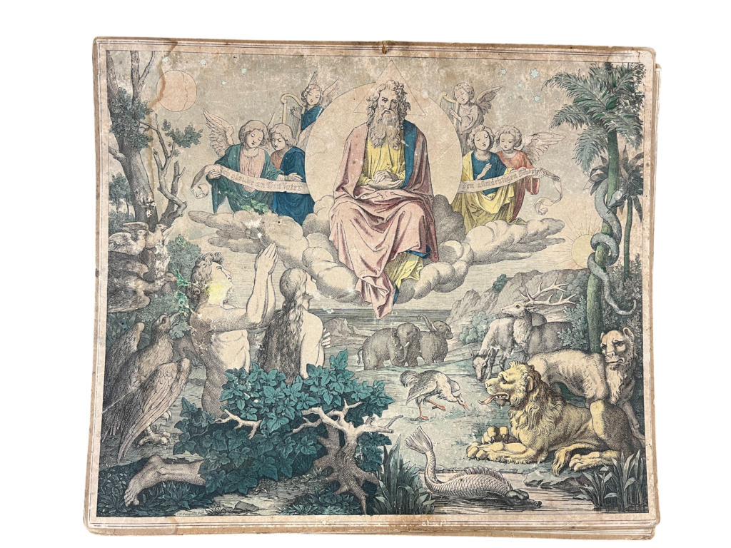 Lehrtafel Gott erschafft die Tiere (Paradieseschöpfung), Biblische Chromolithographie (Nazarener-Stil)