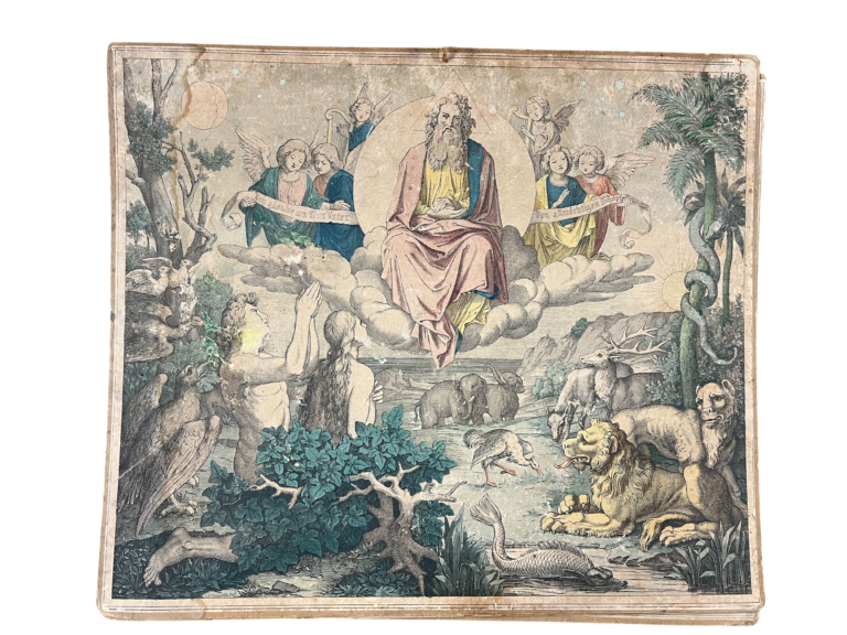 Lehrtafel Gott erschafft die Tiere (Paradieseschöpfung), Biblische Chromolithographie (Nazarener-Stil)