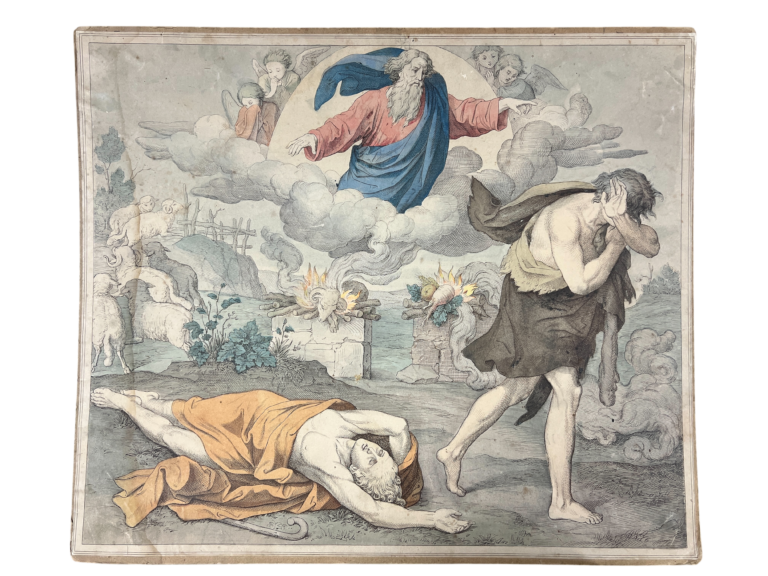 Lehrtafel Kain erschlägt Abel, Biblische Chromolithographie (Nazarener-Stil)