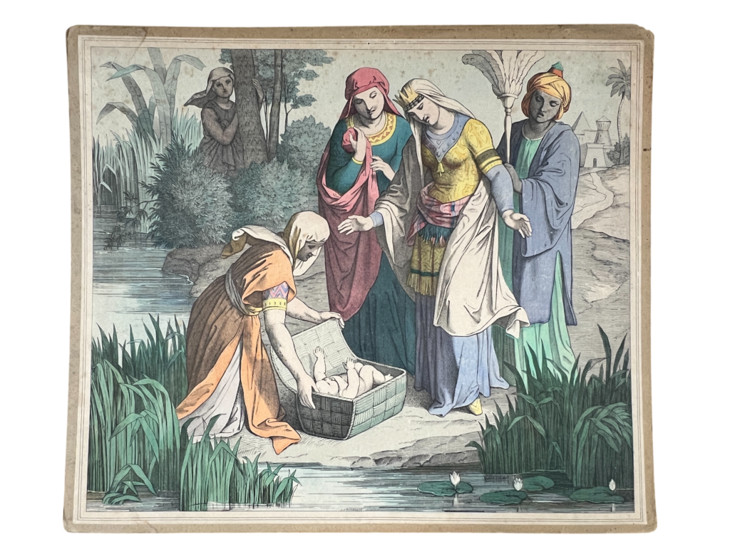 Lehrtafel Die Findung des Mose, Biblische Chromolithographie (Nazarener-Stil)