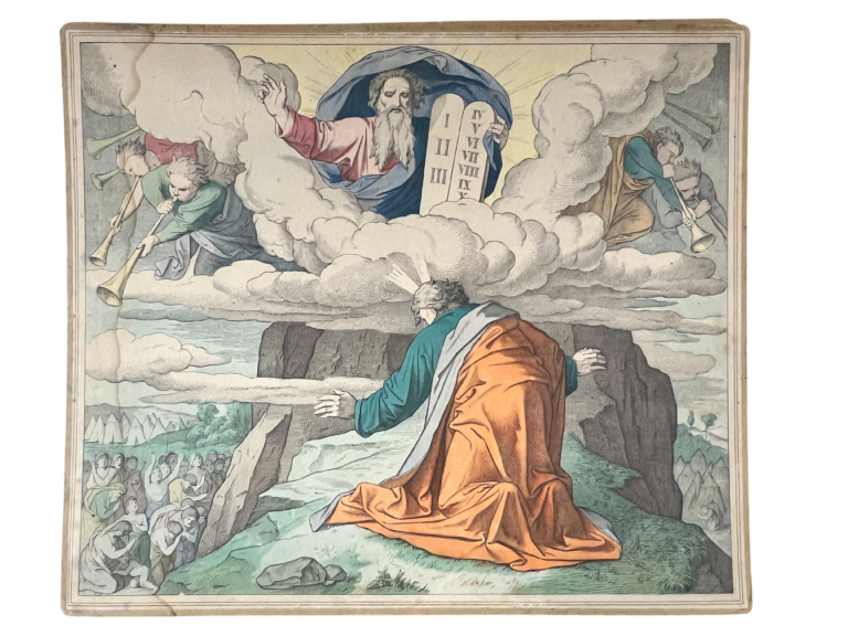 Lehrtafel Mose empfängt die Zehn Gebote, Biblische Chromolithographie (Nazarener-Stil)