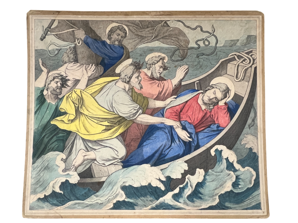 Lehrtafel Jesus stillt den Sturm, Biblische Chromolithographie (Nazarener-Stil)