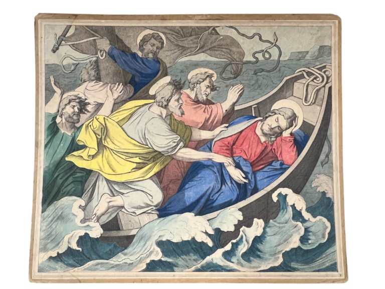 Lehrtafel Jesus stillt den Sturm, Biblische Chromolithographie (Nazarener-Stil)
