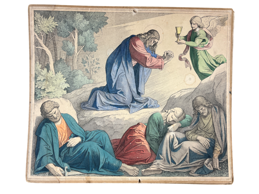 Lehrtafel Jesus in Gethsemane, Biblische Chromolithographie (Nazarener-Stil)