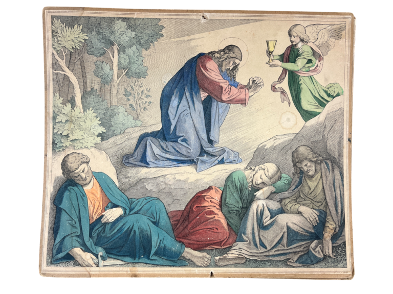 Lehrtafel Jesus in Gethsemane, Biblische Chromolithographie (Nazarener-Stil)