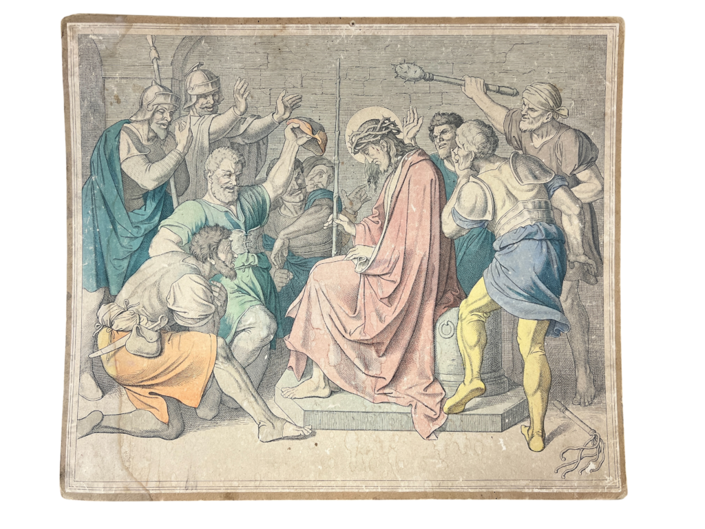 Lehrtafel Verspottung und Dornenkrönung Christi, Biblische Chromolithographie (Nazarener-Stil)