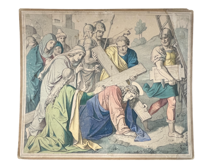Lehrtafel Kreuztragung Christi, Biblische Chromolithographie (Nazarener-Stil)