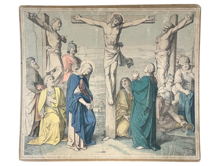 Lehrtafel Kreuzigung Christi, Biblische Chromolithographie (Nazarener-Stil)