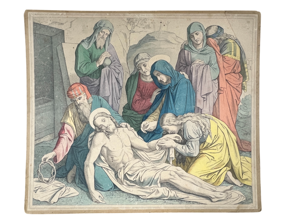 Lehrtafel Kreuzabnahme Christi, Biblische Chromolithographie (Nazarener-Stil)