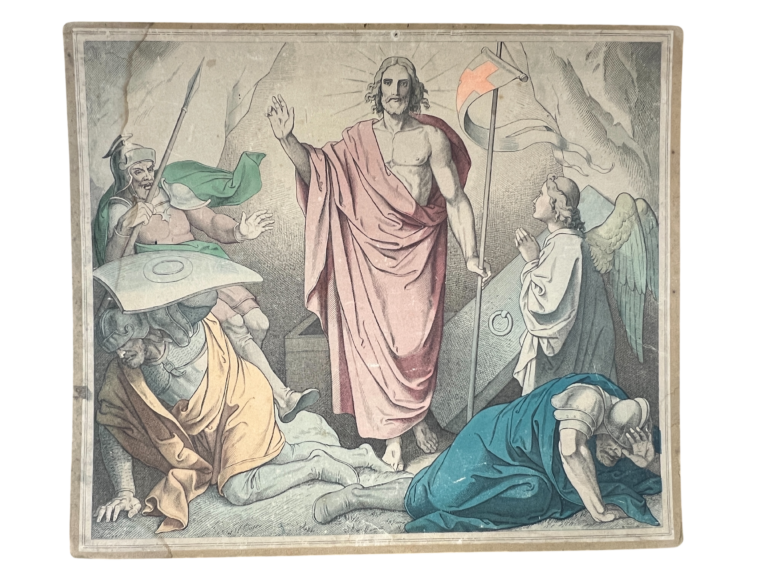 Lehrtafel Auferstehung Christi, Biblische Chromolithographie (Nazarener-Stil)