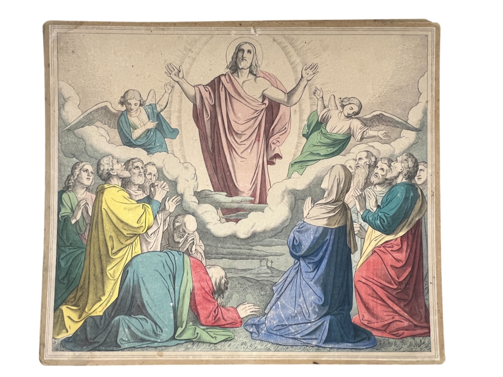 Lehrtafel Himmelfahrt Christi, Biblische Chromolithographie (Nazarener-Stil)