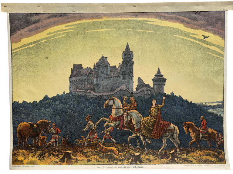 Lehrtafel Burg Kreuzenstein Auszug zur Falkenjagd, Willy Dachauer, Deutscher Verlag für Jugend und Volk