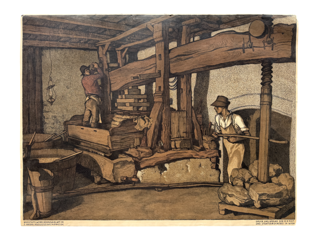 Wandtafelwerk Weinpresse Blatt 28, Werkstatt mit Kelter, Ferdinand Andri, K.K. Hof- und Staatsdruckerei Wien