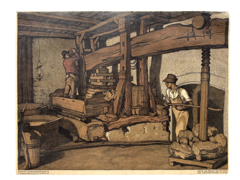 Wandtafelwerk Weinpresse Blatt 28, Werkstatt mit Kelter, Ferdinand Andri, K.K. Hof- und Staatsdruckerei Wien