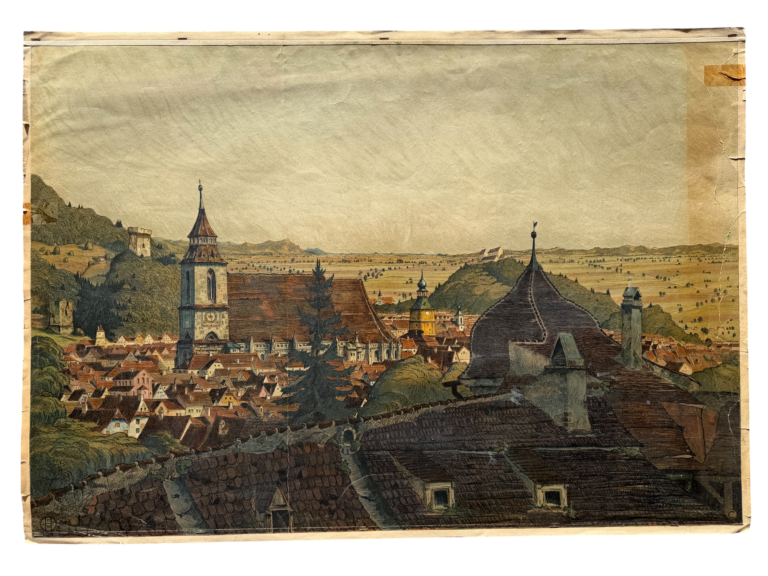 Lehrtafel Kronstadt Brașov, Blick über die Altstadtdächer zur Schwarzen Kirche, Berg Tâmpa im Hintergrund, Wappenkartusche 1798