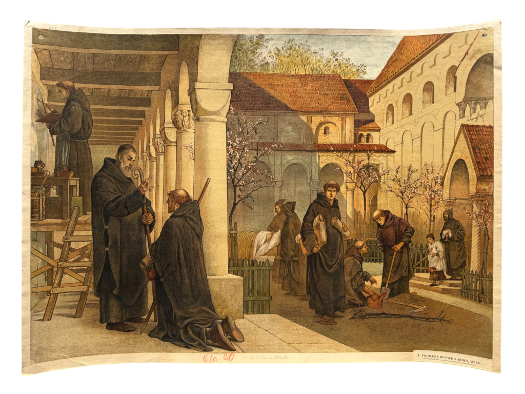 Lehrtafel Klosterleben im Mittelalter, Mönche im Kreuzgang, A. Pichlers Witwe und Sohn Wien