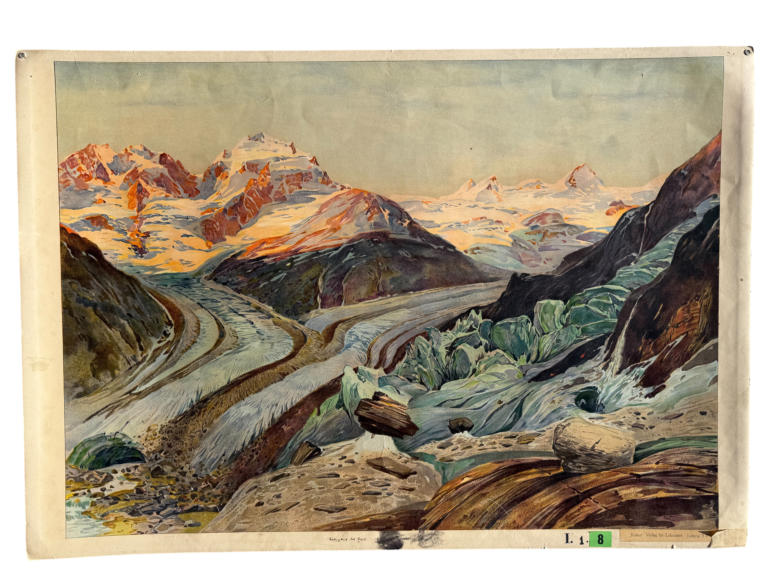 Geologische Lehrtafel Tätigkeit des Eises, Gletschermoräne, Geröll und Schmelzwasser, Serie Formung der Erdoberfläche Tafel I.1.8, „Kultur" Verlag für Lehrmittel Leipzig S