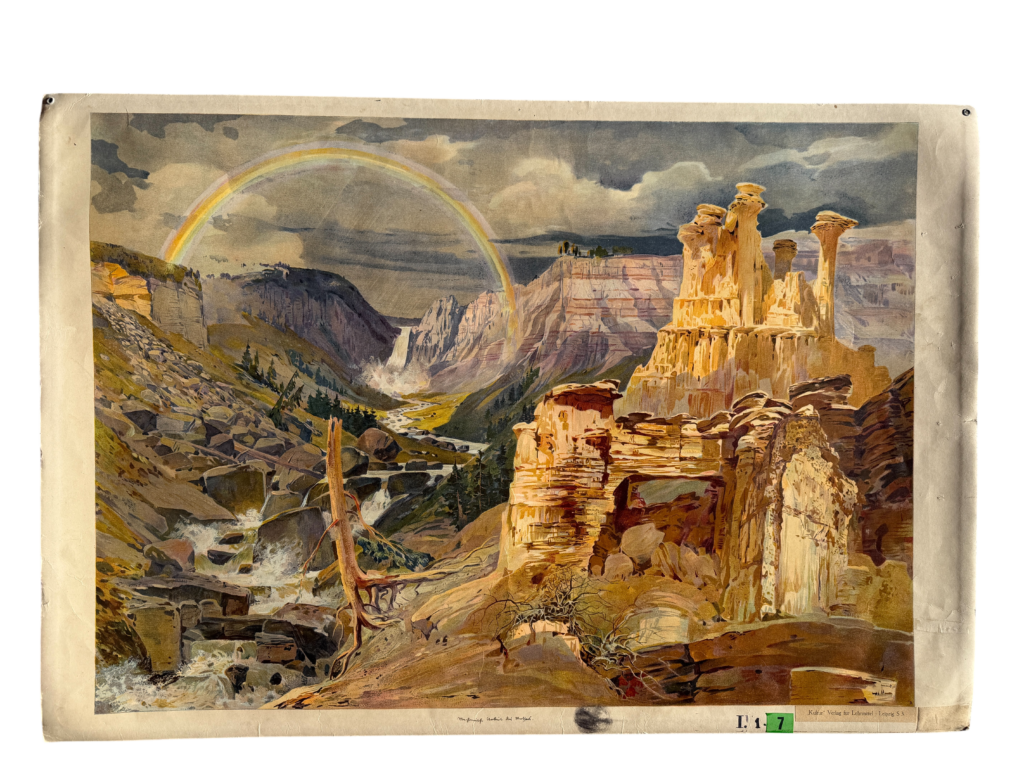 Geologische Lehrtafel Mechanische Arbeit des Wassers, Strudel und Erosion in Felsschlucht, Serie Formung der Erdoberfläche Tafel I.1.7, „Kultur" Verlag für Lehrmittel Leipzig S 3