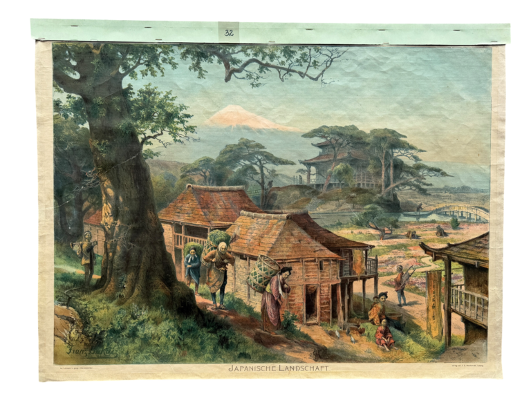 Lehrtafel Japanische Landschaft, Dorf mit Holzhäusern und Fuji im Hintergrund, Künstler Franz Kallab, Verlag F.E. Wachsmuth Leipzig