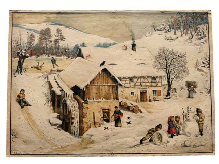 Lehrtafel Winter, Bauernhof im Schnee mit Kindern beim Schneemannbau und Schlittenfahren, Künstlersignatur H. Kempter, Verlag unbekannt