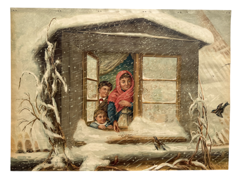 Lehrtafel Schneesturm, Mutter mit drei Kindern am Fenster, Krähen im Sturm, Verlag unbekannt