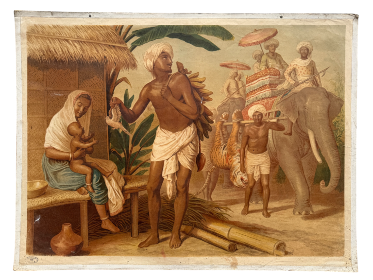 Lehrtafel Indien, Hindu-Familie vor Hütte mit Mutter und Kind, indischer Maharadscha-Elefant mit Mahout, Tiger im Hintergrund, Verlag unbekannt
