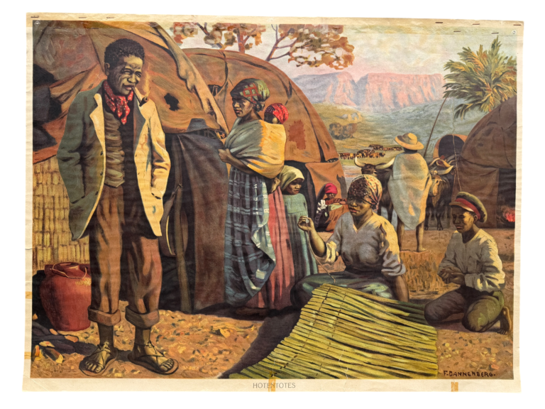 Lehrtafel Hottentots, südafrikanische Khoekhoen-Familie vor Reisighütte mit Strohmatten-Flechtarbeit und Bergen, Künstlersignatur F. Dannenberg, Verlag unbekannt