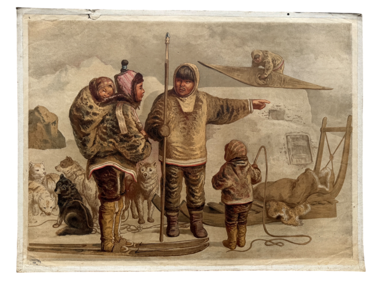 Lehrtafel Eskimos, Inuit-Familie mit Hundeschlitten und Pelzkleidung, Iglu im Hintergrund, Verlag unbekannt
