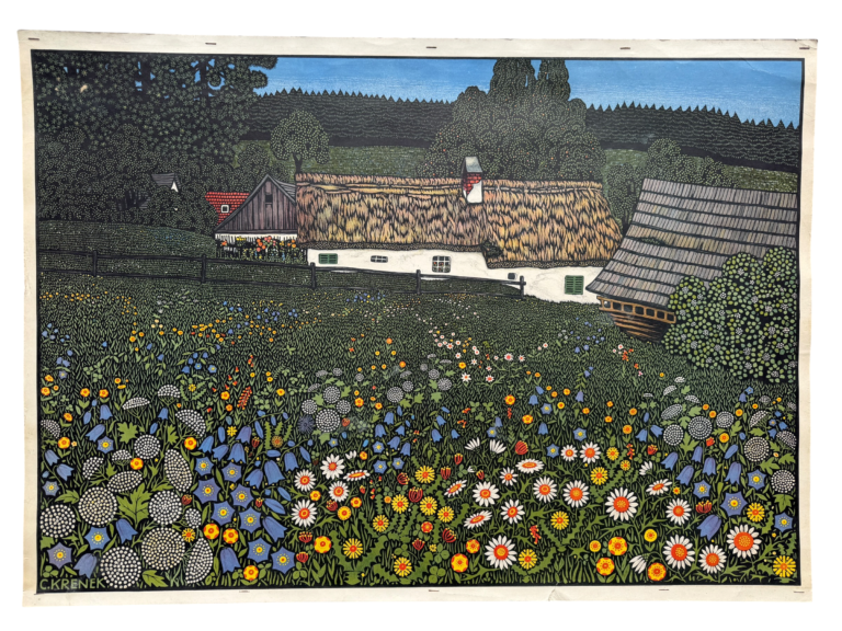 Lehrtafel Wiese mit Bauernhof im Jugendstil-Pointillismus mit Frühlingsblumen, Künstler F. Krenek, Verlag unbekannt